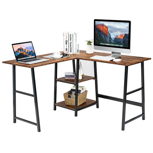 Gymax L Shaped Corner Computer Desk Study Table w/Storage Shelves Rustic Brown