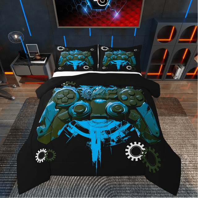 Erosebridal Video Gaming Bedding King Comforter Set,Blue Gamepad Comforter Sets King Size,Gamer Decoration,Reversible,Microfiber,3 Pieces