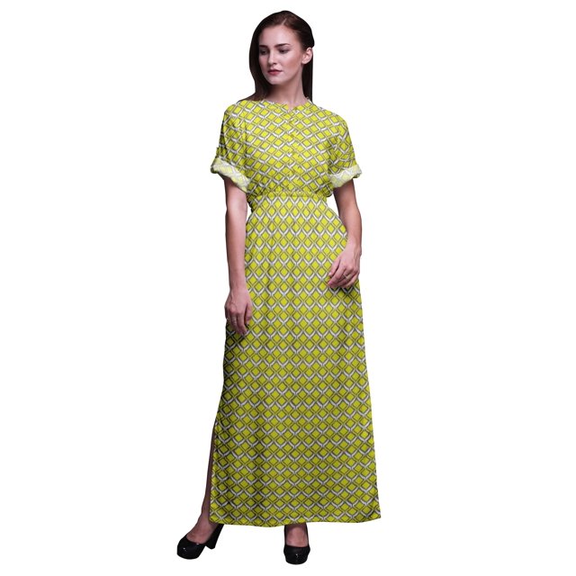 Bimba Rayon Ogee Ikat Printed Womens Long MaxiDressGown With Side Slit-X-Large