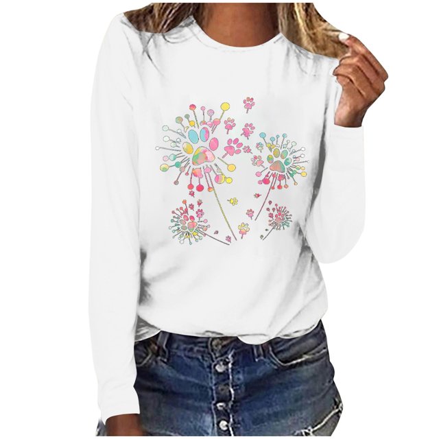 Pisexur Hauts d'Automne pour Femmes Mode Mignon T-Shirt Imprimé Graphique Hauts Col Rond Manches Longues Chemises pour Femmes Habillées Décontractées Sorties Hauts Confort Polyvalents Légers T-Shirts