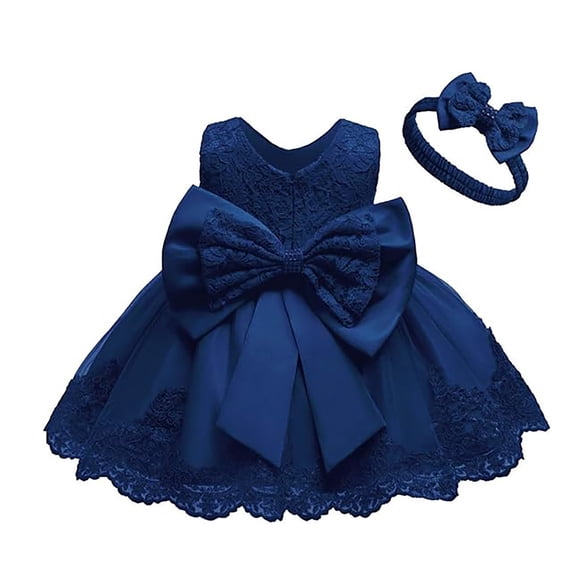 FYEGRE Girls Pageant Lace Dresses Baby Birthday Party Embroidery Dress with Headwear Dark Blue 18-24 Months