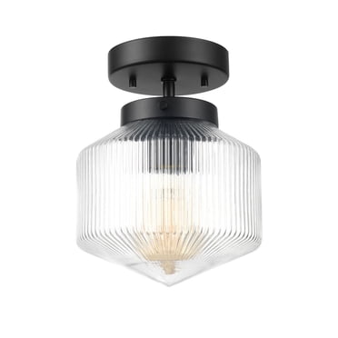 Plafonnier affleurant noir mat à 1 ampoule avec abat-jour en verre nervuré
