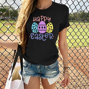 EGNMCR T-Shirt de Pâques à Manches Courtes pour Femmes, Imprimé de Pâques, Oeufs de Pâques, Joyeuses Pâques, Imprimé, Hommes et Femmes, Coupe Ample, Grande Taille, Manches Courtes, T-Shirts pour Femmes