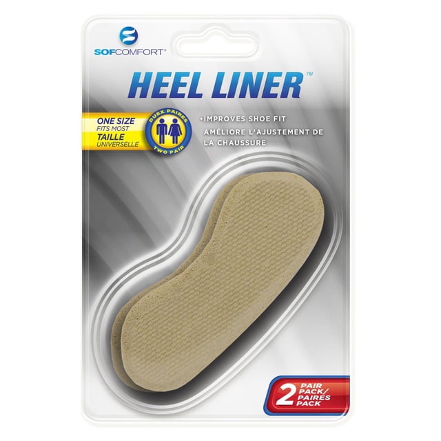SofComfort Foam Heel Liner pack of 2 with two beige foam heel liners featuring textured surface inside clear plastic packaging, designed to improve shoe fit and prevent heel slippage, unisex and one size fits most, often used to enhance comfort in various shoe types.