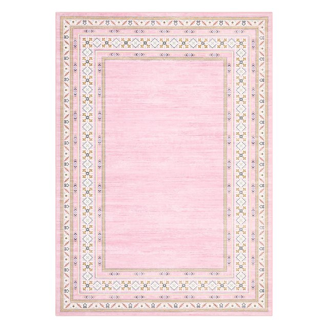 Modern Area Rug - Soft Non-Slip Washable Low Pile Carpet, Geometric Bordered Accent, Mark Resistant - For Living Room, Bedroom, Dining, Office, Nursery - Pink, 8x10ft