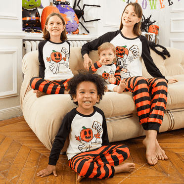 PatPat Pyjamas pour Femmes Pyjamas d'Halloween Assortis pour la Famille Manches Raglan Citrouille Fantôme et Imprimé de Lettres Pyjamas Rayés pour Femmes Ensemble Femmes TG