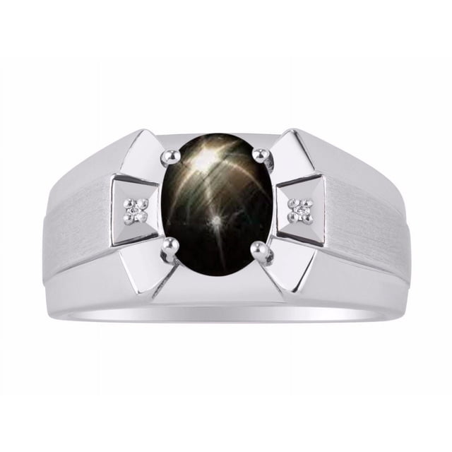 RYLOS Men's Rings Sterling Silver Rings Classic Designer 9X7MM Gemstone & Diamond Ring Black Star Sapphire March Birthstone Ring Size 8