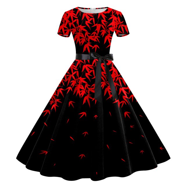 WILLBEST Evening Dress Women Print Round Neck Short Sleeve 1950S Evening Party Prom Dress
