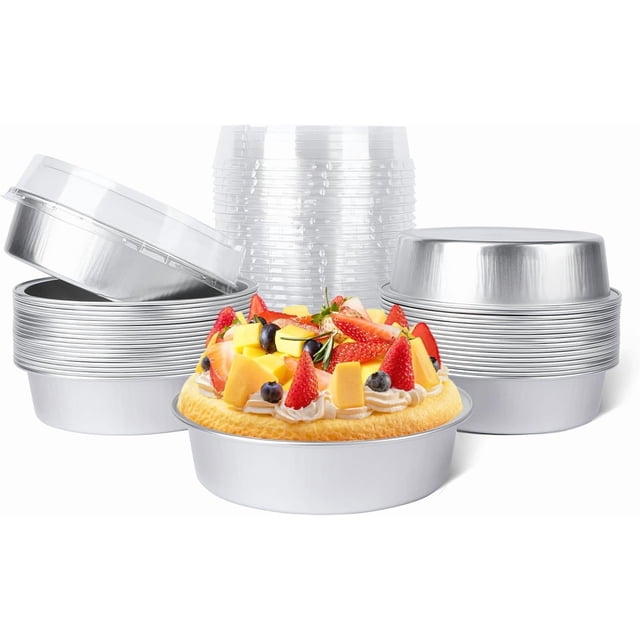 Mini Ramekins with Lids oz Disposable Aluminum Foil Cake Baking Tins Pans Creme Brulee Tart Pie Tins Silver Small Individual Round Containers Oven for Baking