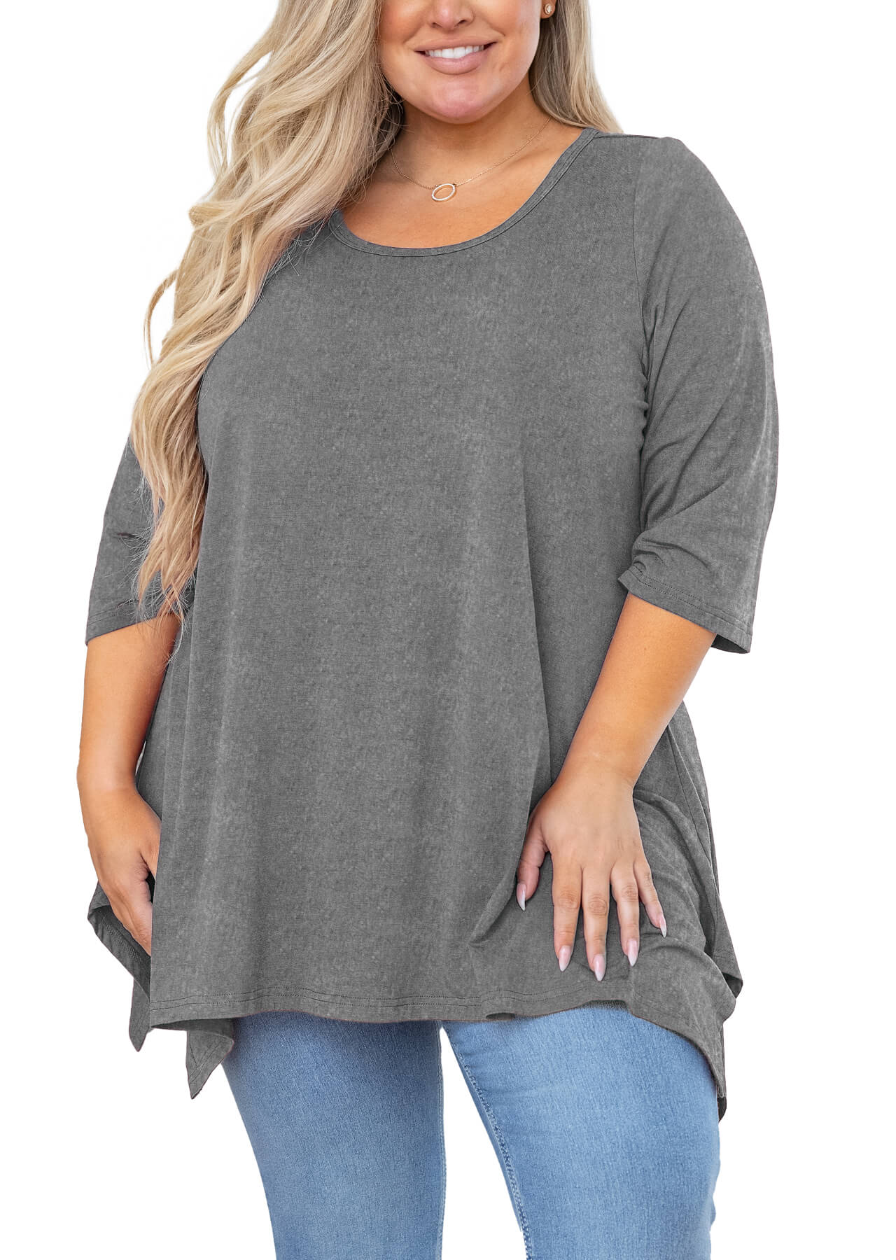 SHOWMALL Tunique Grande Taille pour Femmes Blouse Manches 3/4 Gris 4X Vêtements Haut Évasé Col Rond Maternité Ample