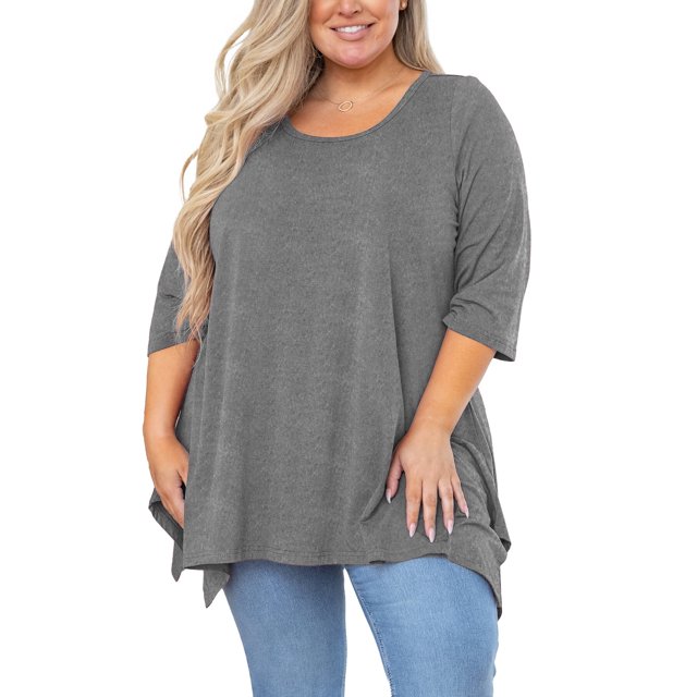 SHOWMALL Tunique Grande Taille pour Femmes Blouse Manches 3/4 Gris 4X Vêtements Haut Évasé Col Rond Maternité Ample
