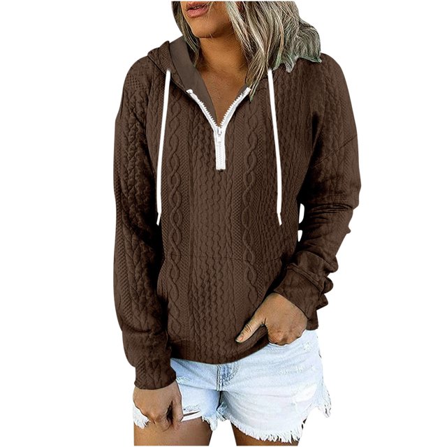 Besolor Womens Fall Fashion Quarter Zip Hoodies Sweatshirts Casual Long Sleeve Solid Color V Neck Drawstring Pullover Tops
