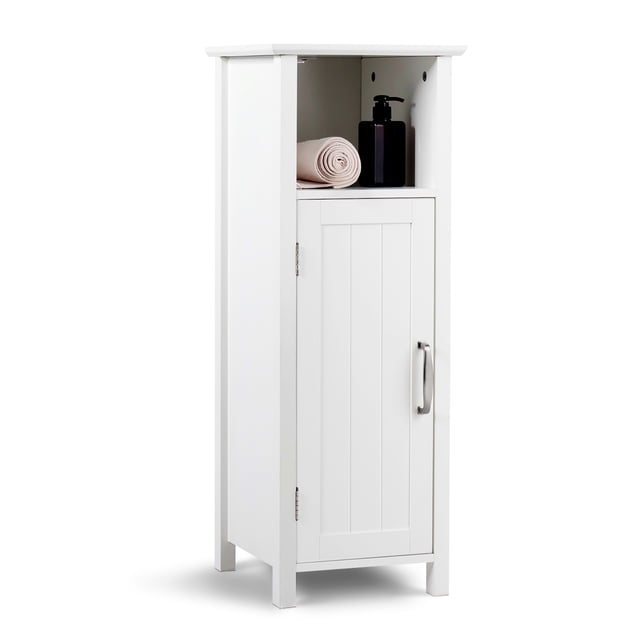 Gymax Armoire de Rangement de Salle de Bain Autoportante avec Porte Simple et Tablette Ajustable. Cette Armoire Blanche en MDF Présente un design compact avec un Compartiment Supérieur Ouvert pour les Essentiels du Quotidien et une Porte Simple avec une Poignée en Métal pour un Rangement Dissimulé. l'Armoire Comprend Trois Tablettes à Hauteur Réglable, une Porte à Ventouse Magnétique pour une Ouverture et une Fermeture Faciles, et une Quincaillerie durable. Convient aux Salles de Bain, Chambres Ou Cuisines, Elle Mesure 12 Pouces de Longueur, 12 Pouces de Largeur et 31,5 Pouces de Hauteur.