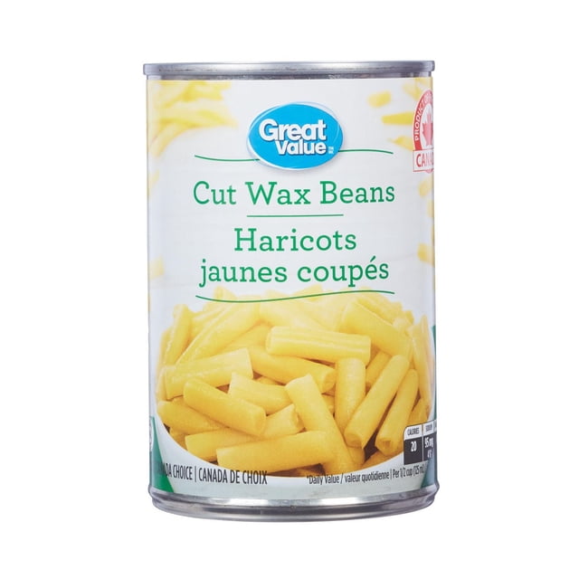 Great Value Haricots de Cire Coupés en Conserve avec Étiquette avant Indiquant les Haricots de Cire Jaunes Coupés, Texte Bilingue Anglais et Français, volume de 398 ml, Marque de Produit Canadienne, Décrit comme un Accompagnement en Conserve Tendre, Faible en Calories, Riche en Fibres, Convient à l'Utilisation comme Aliment de Garde-Manger.