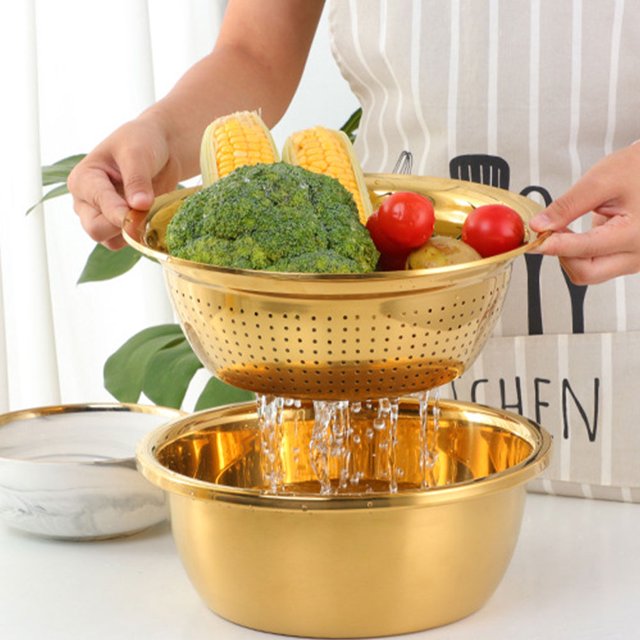Becaristey Multifunctional Strainer With Bowl Easy To And Clean For Various Kitchen Needs Stainless Steel Stainless Steel Sink gold