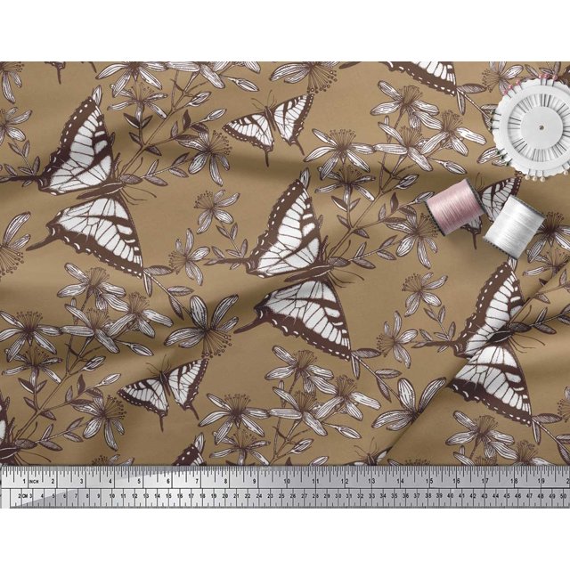 Soimoi Brown Modal Satin Fabric Flower & Butterfly Printed Craft Fabric by The Yard 42 Inch Wide
