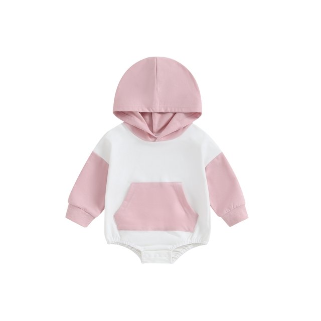 Faithtur Baby Hooded Rompers Infant Contrast Color Loose Fit Bodysuit with Pocket Newborn Jumpsuits for Winter