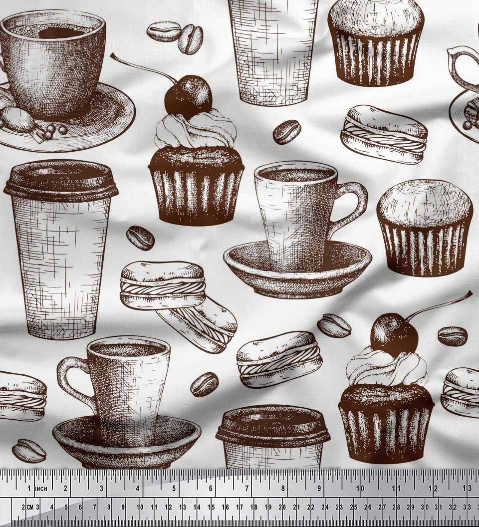 Soimoi polyester Crepe Fabric Burger,Cupcake & Cups Fabric Prints By Yard 52 Inch Wide