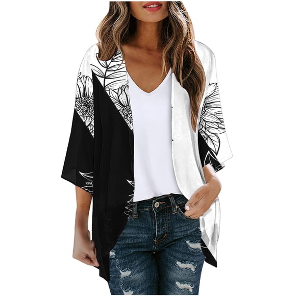 lcziwo 2024 Kimono for Women Womens Kimonos Floral Print Lightweight Chiffon Kimonos Cardigan Puff Sleeve Loose Beach Wear Cover Up Blouse Tops Black S