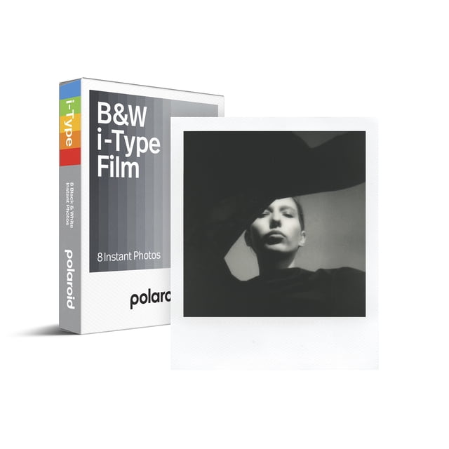 Polaroid B&W i-Type Film - 8-Pack with a box of 8 black and white instant photos featuring classic white frames, battery-free and compatible with Polaroid Now and Polaroid Lab printer, displayed next to a sample black and white instant photo with a white border.