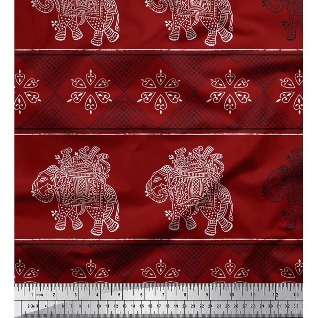 Soimoi Rayon Fabric Floral & Elephant Block Print Fabric by Yard 56 Inch Wide