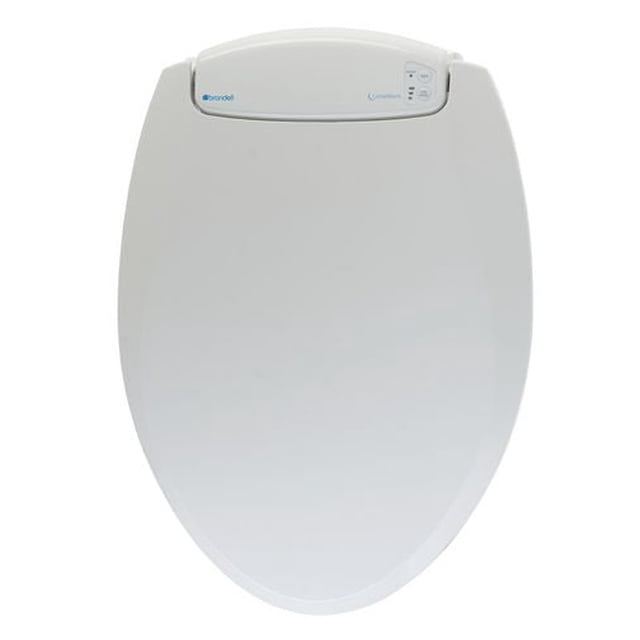 LumaWarm Heated Nightlight Round Toilet Seat in white with an oval shape, featuring a rear control panel for four heat settings and an energy-efficient blue LED nightlight, designed for easy installation on standard bathroom toilet fixtures.