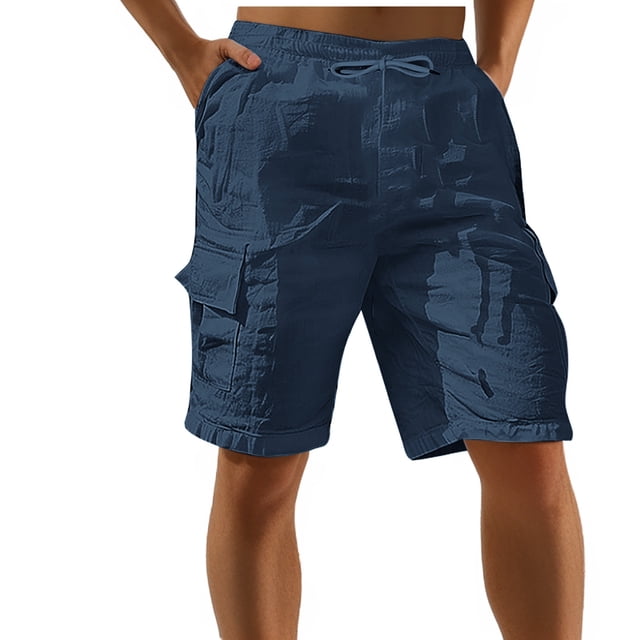 asjyhkr Mens Cargo Shorts Lightweight Breathable Linen Shorts with Multi Pockets Drawstring Elastic Summer Beach Shorts