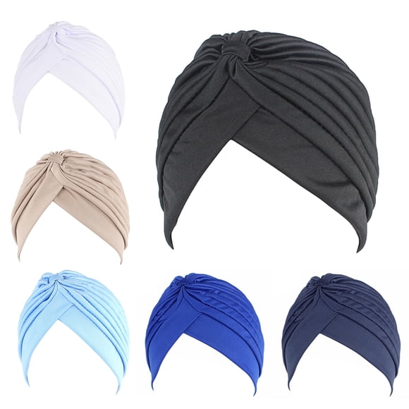 6PCS Turban Hat, Solid Color Twisted Pleated Stretchable Chemo Head Cover Headwear Handband Beanie Arabic Head Scarf Bandana Muslim Hijab for Women