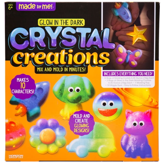 Made by Me kit de Création en Cristal Comprend 10 Moules en Cristal Colorés Phosphorescents en Forme de Fusée, Chiot, Étoile, Papillon, Fleur, Visage Souriant, Voiture, Chat et Planète, avec des Yeux Vacillants pour Personnaliser Chaque Jouet Étincelant.