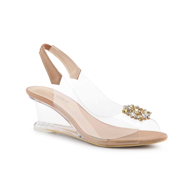 BLISSFUL STEP Chaussures pour Femmes Talons Compensés Transparents à Strass Bout Ouvert Slingback Chaussures Transparentes Nude 6