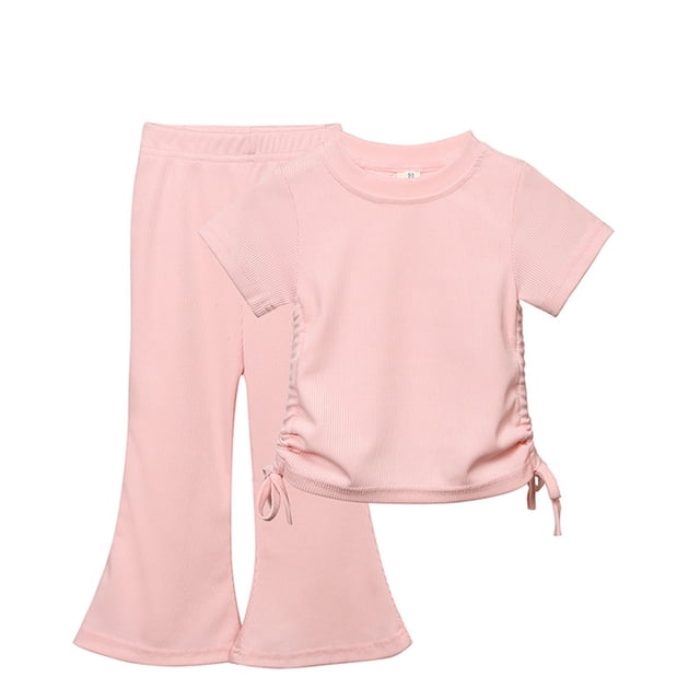 Shirts for girls Solid Short Sleeved Round Neck Top Flare Pants Two Piece Set