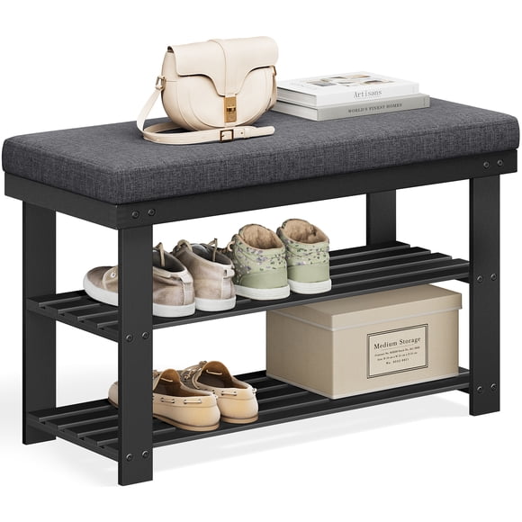 SONGMICS Banc à Chaussures en Bambou, Étagère à Chaussures à 2 Niveaux, 11,4 x 28 x 19,3 Pouces, Noir et Gris