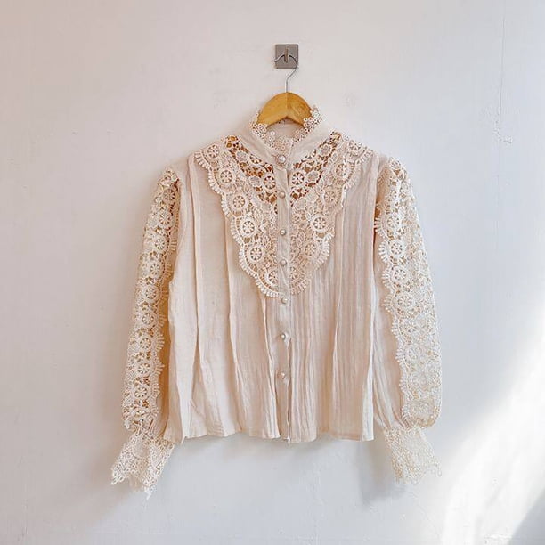 Moxiu Women's Elegant Lace Trim Shirts Solid Color V-Neck Casual