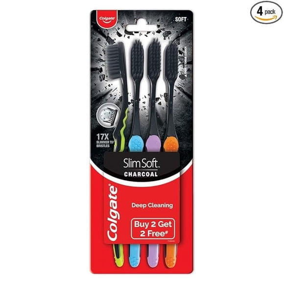 Colgate Slimsoft Charcoal Manual Toothbrush For Adult (Buy 2, Get 2 Free) - 4 Pcs, 17X Slimmer Tip Bristles, Tooth Brush Combo Pack