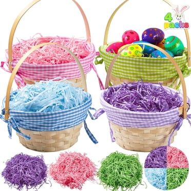 JOYFY 4 Pcs Easter Baskets for Kids,Easter Woven Basket with 4 Colors Grass,Handmade Woven Easter Basket with Handle for Easter Egg Hunt,Filling with Party Favors