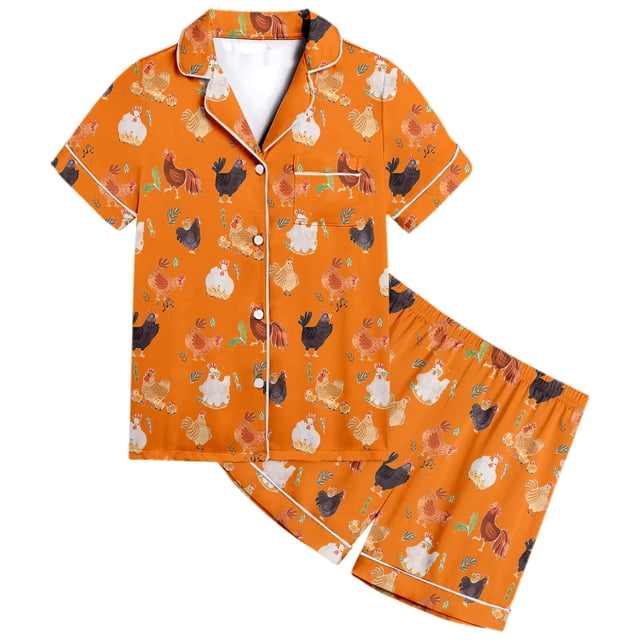 MIASHUI Pyjama 2 Pcs pour Filles Motif Animal Poulet à Boutons Pyjama pour Garçons, Orange, 4-5 Ans