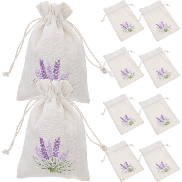 Shisuyan 10pcs sachet gift sachet bag refillable lavender sachet bag in size S, crafted from soft cotton fabric with a drawstring closure. The bags feature lavender embroidery and are ideal for storing potpourri, candies, jewelry, or party favors. Lightweight and portable, perfect for wardrobe fragrance, home décor, or gifting.