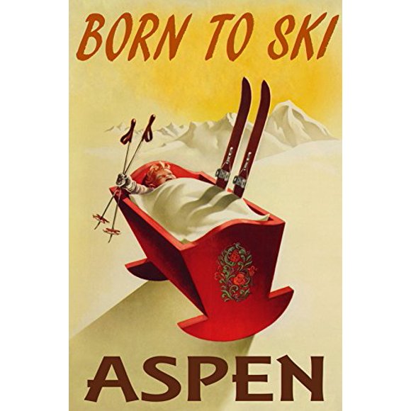 Berceau pour Bébé BORN TO SKI ASPEN COLORADO Sports d'Hiver USA SKI 12 Pouces X 16 Pouces Taille IMAGE Affiche VINTAGE Reproduction sur Papier Mat
