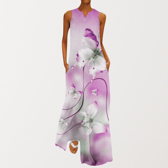 Robes de Collation des Grades pour Femmes 2023 Robe d'Été pour Femmes Mode Imprimée à Col en V Sans Manches à Enfiler avec Poches Robe de Vacances en Liquidation