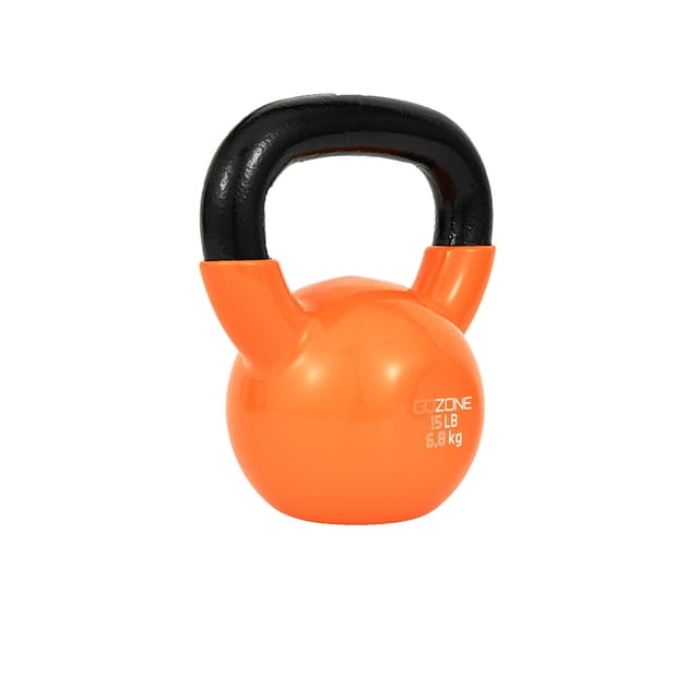 GoZone Vinyl-Dipped Cast Iron Kettlebell in bright orange with a black vinyl-coated handle, weighing 15 lb (6.8 kg), featuring a wide textured grip and durable cast iron core ideal for strength and functional training, also suitable for adding resistance to squats and twists.