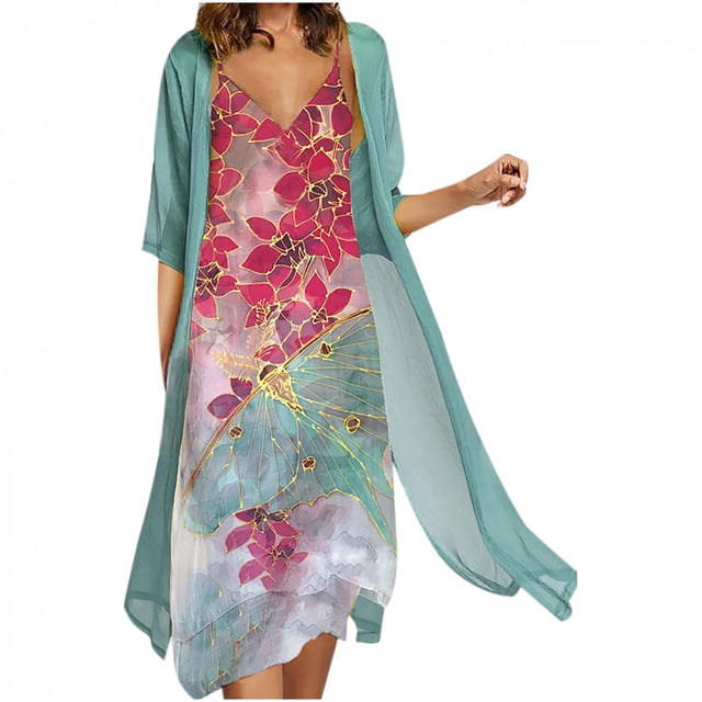 Pisexur Robe Grande Taille pour Femmes Ensemble Deux Pièces Robes d'Été - Été Décontracté Imprimé Floral Col Rond Sans Manches Jupe Unie Robe Maxi en Chiffon