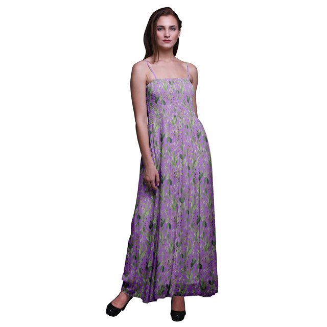 Bimba Robe Longue Maxi à Imprimé de Feuilles de Bleuet pour Femmes, Corsage Smocké - X-Grand