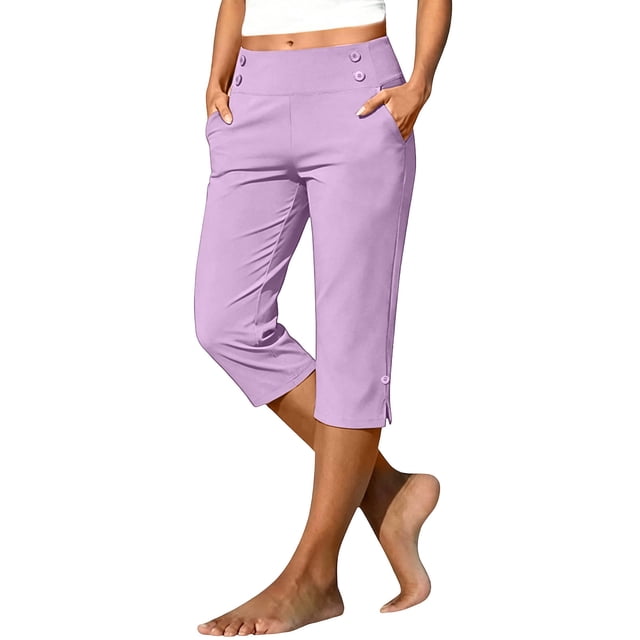 Timegard Womens Capri Pants Stretch High Waist Button Pull on Work Business Casual Pants for Summer with Pockets