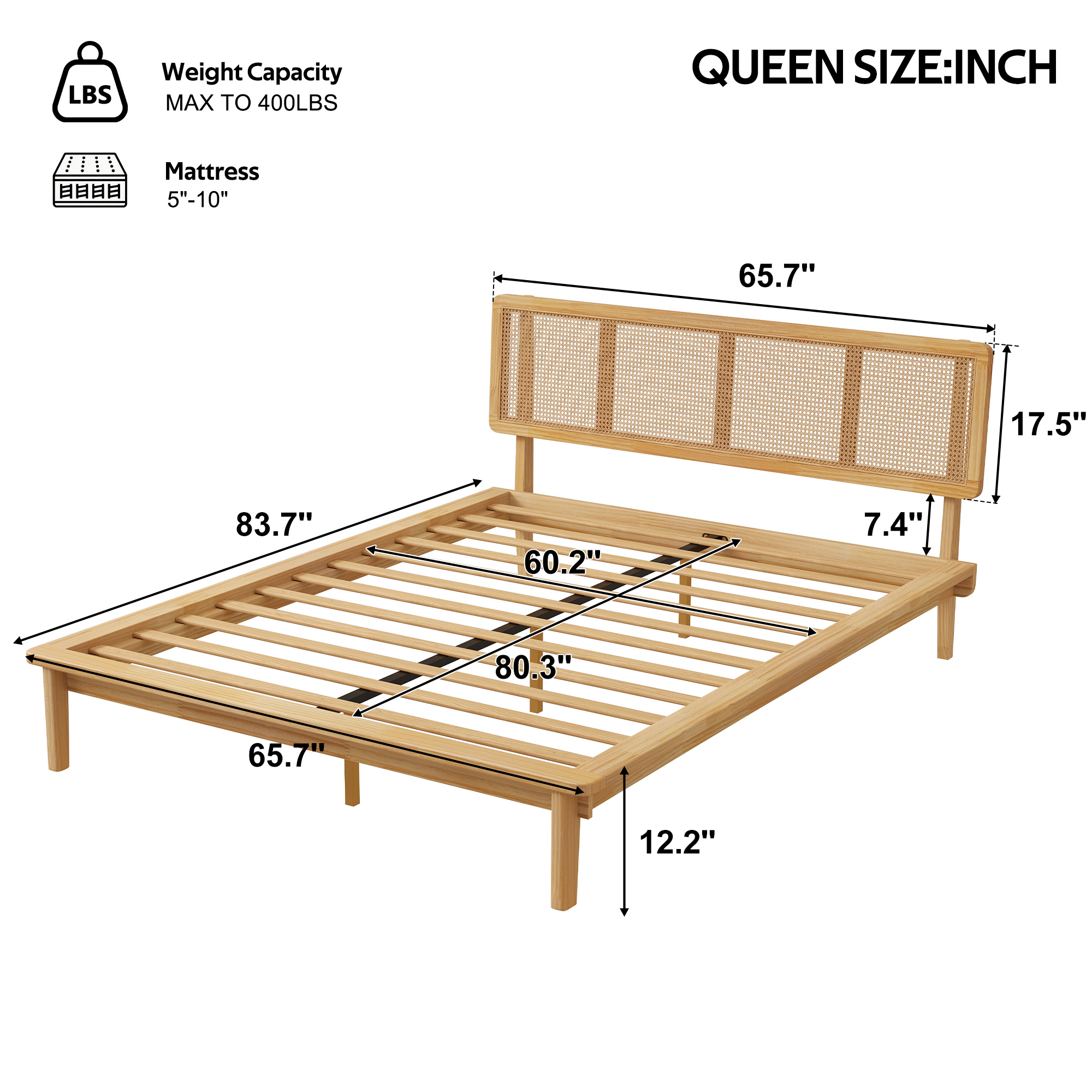 Noble House Modern Rattan Platform Bed,Cane Headboard & Footboard with Natural Woven Panels,Mid-Century Bed Frame,Walnut