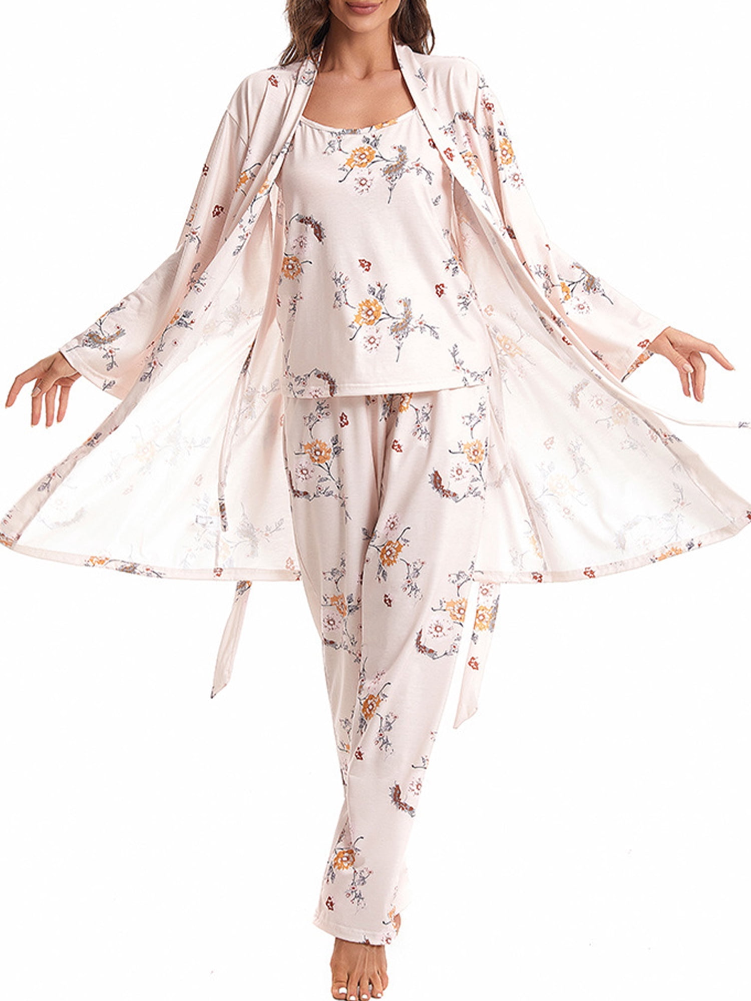 SUNSIOM Ensemble de Détente d'Automne pour Femme, Camisole à Empiècements en Dentelle + Pantalon + Peignoir, Pyjama 3 Pcs