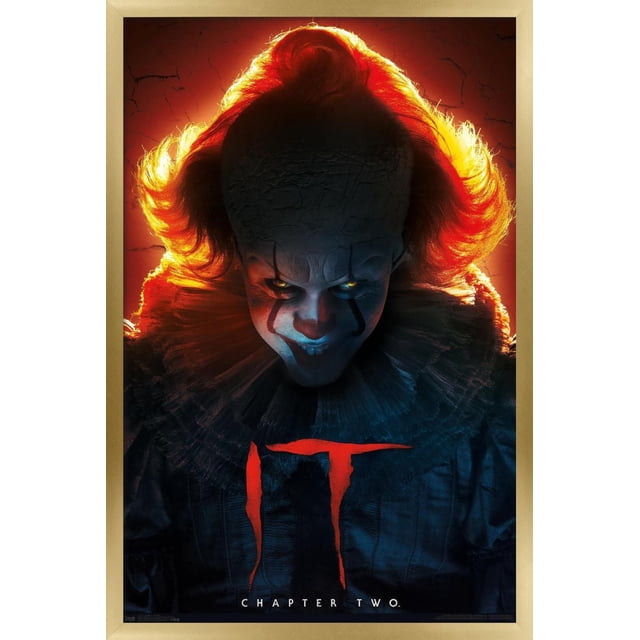 IT: Chapter 2 - Evil Glow Wall Poster, 22.375" x 34" depicting a dark figure with fiery red glowing hair and a textured ruffled collar against a cracked dark background, with the red 'IT' title and 'Chapter Two' text below, ideal for horror-themed wall art and room decor.