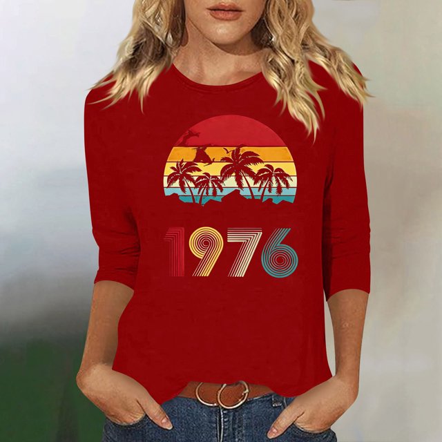 Uootdi Hauts pour Femmes Manches 3/4 Col Rond Imprimé Palmier Coucher de Soleil 1976 Coupe Décontractée Rétro Plage Vacances T-Shirts Cadeau