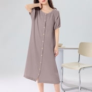 CFLVAEK Cotton Robes for Women Casual Short Sleeve Snap Front House Coat Loose Fit Crewneck Sleepwear Solid Color Knee Length Loungewear Gray XL