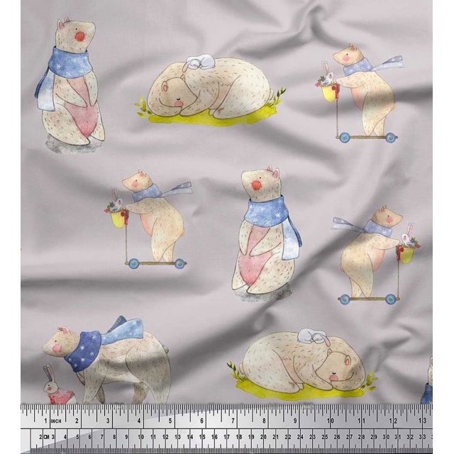 Soimoi Cotton Cambric Fabric Cycle,Rabbit & Bear Kids Print Sewing Fabric Yard 42 Inch Wide