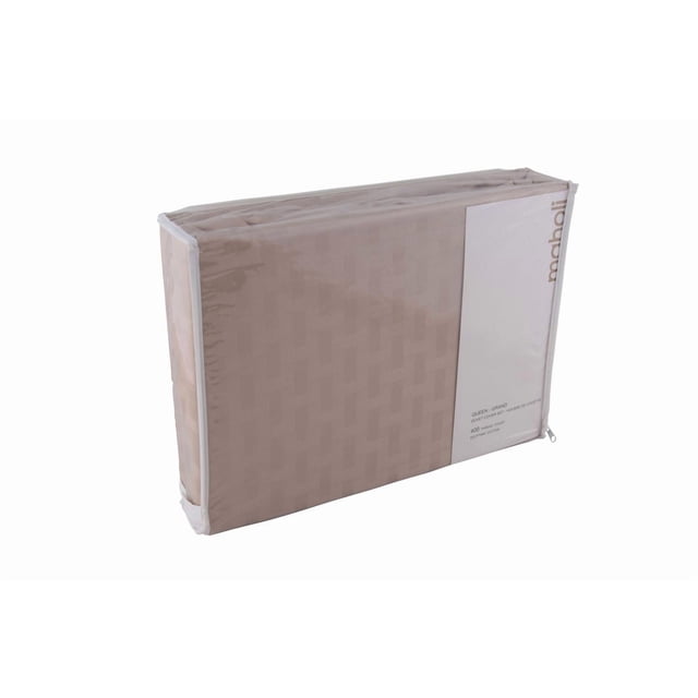 Maholi Bamboo Pattern 400 TC Cotton Duvet Cover Set in beige, folded and packaged in a clear zippered bag with white trim, showing subtle bamboo dobby pattern and queen size label with 400 thread count Egyptian cotton fabric.